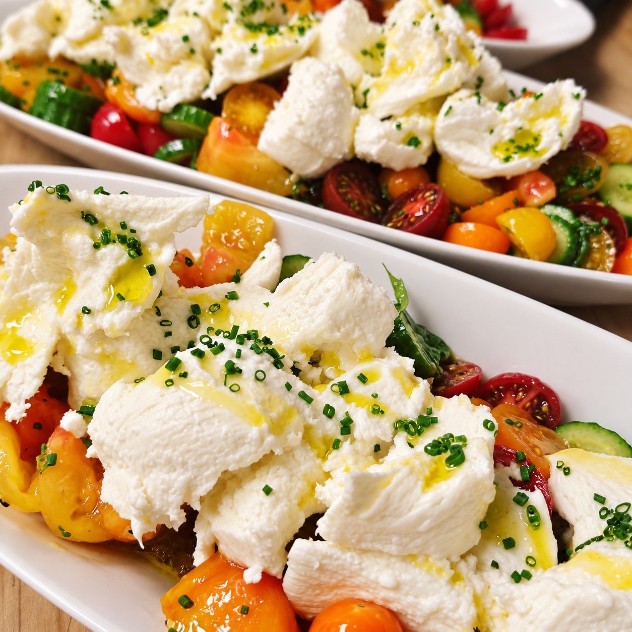 Fresh mozzarella and colourful heirloom tomatoes