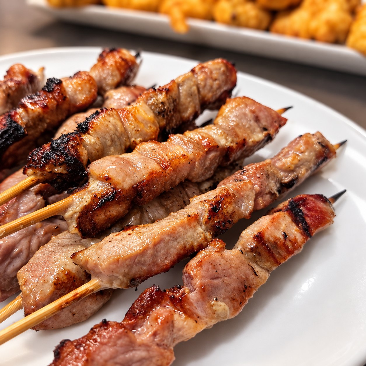 Grilled meat skewers on a white platter