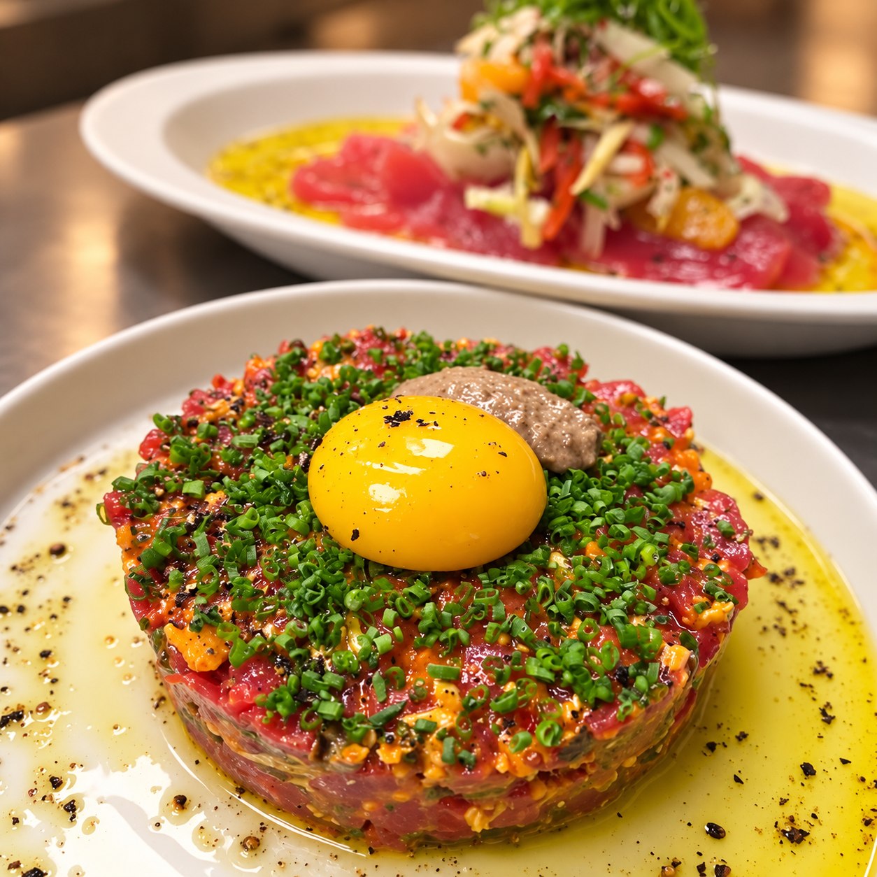Tartare with egg yolk and finely chopped herbs